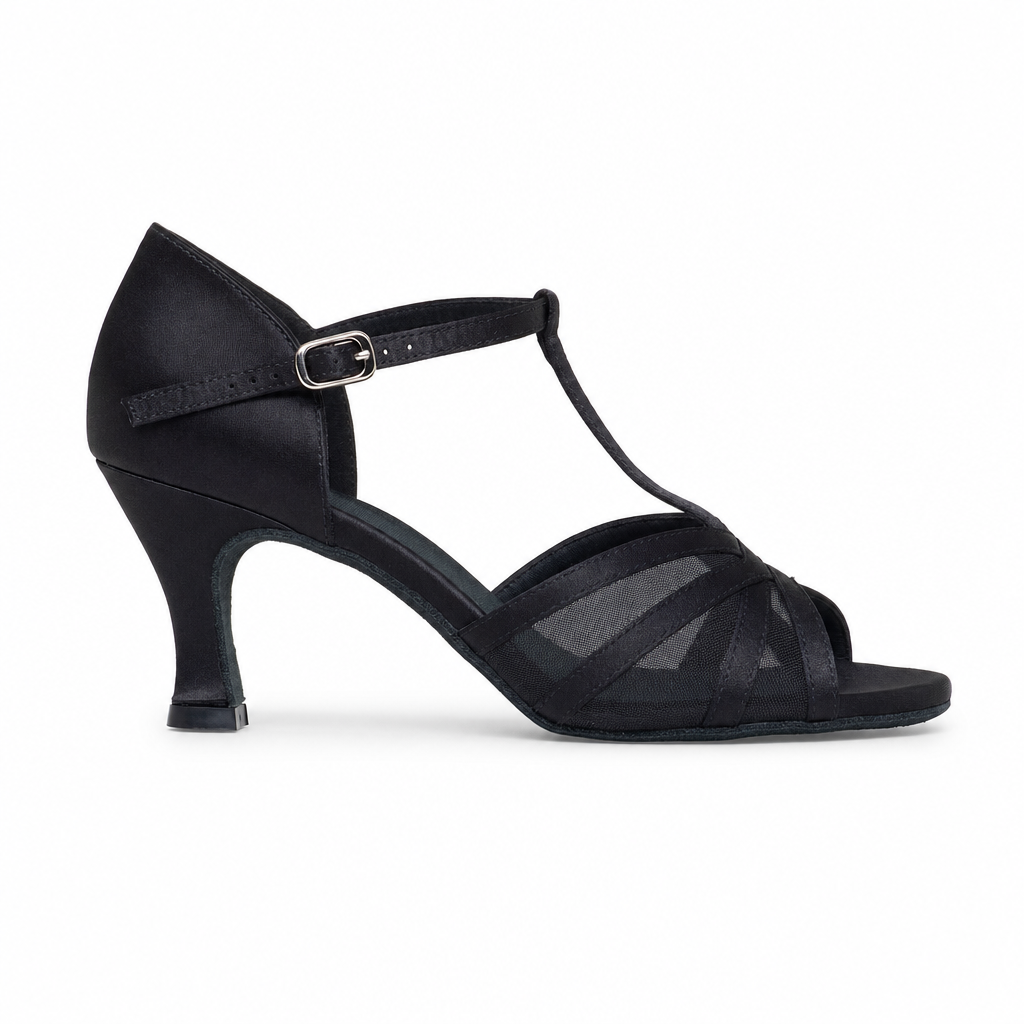 Black Satin and Mesh # 163502 - EveriseDanceShoes