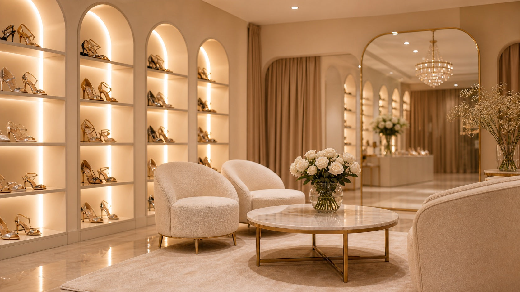Warm luxury Everise dance shoe fitting showroom with elegant seating and softly lit shoe displays