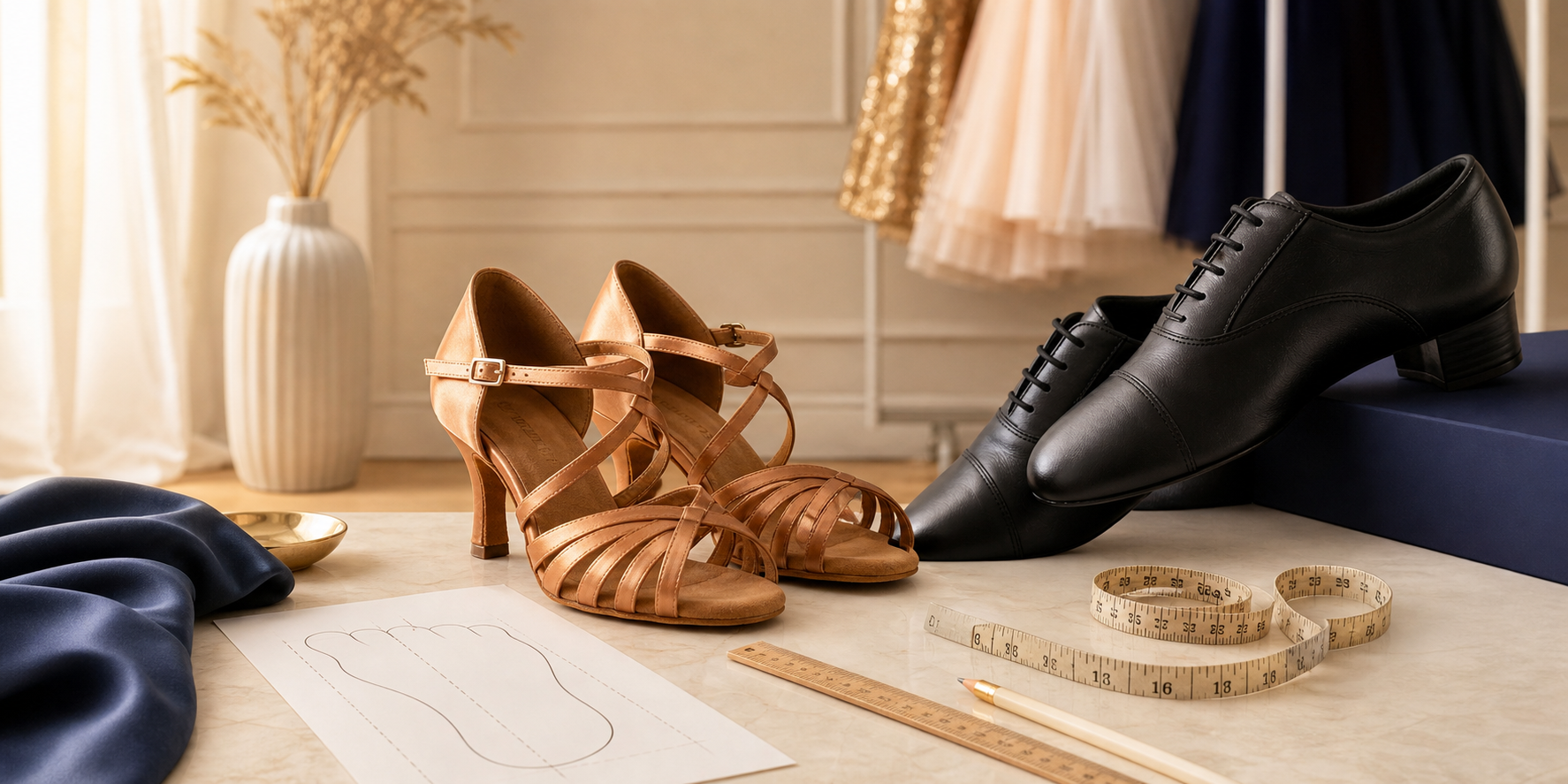 Dance shoes beside a ruler and measuring tape for Everise sizing guidance