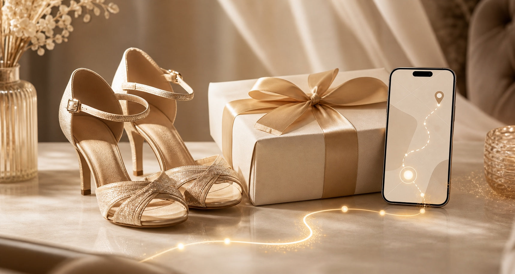 Dance shoes beside a parcel with a tracking route